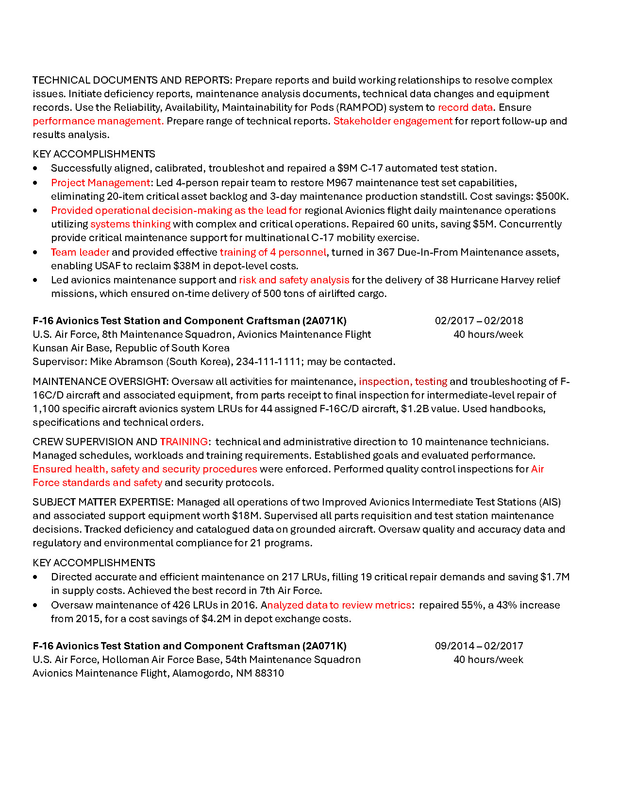 Accomplishments in CCAR — sample