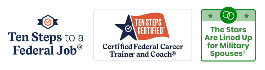 Ten Steps to a Federal Job, Certified Federal Job Search Trainer and Career Coach, and Stars are Lined Up for Military Spouses logos