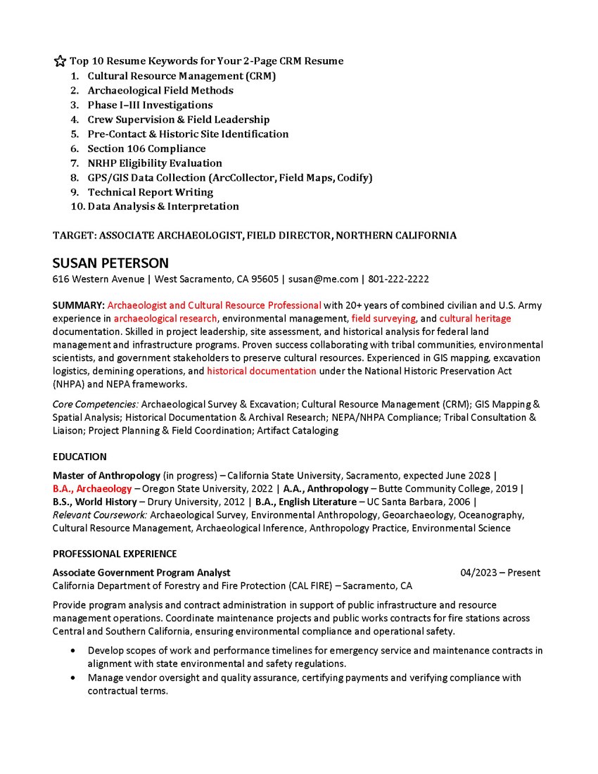 Private Industry Resume, Shorter, Archaeologist Target, page 1 of 2